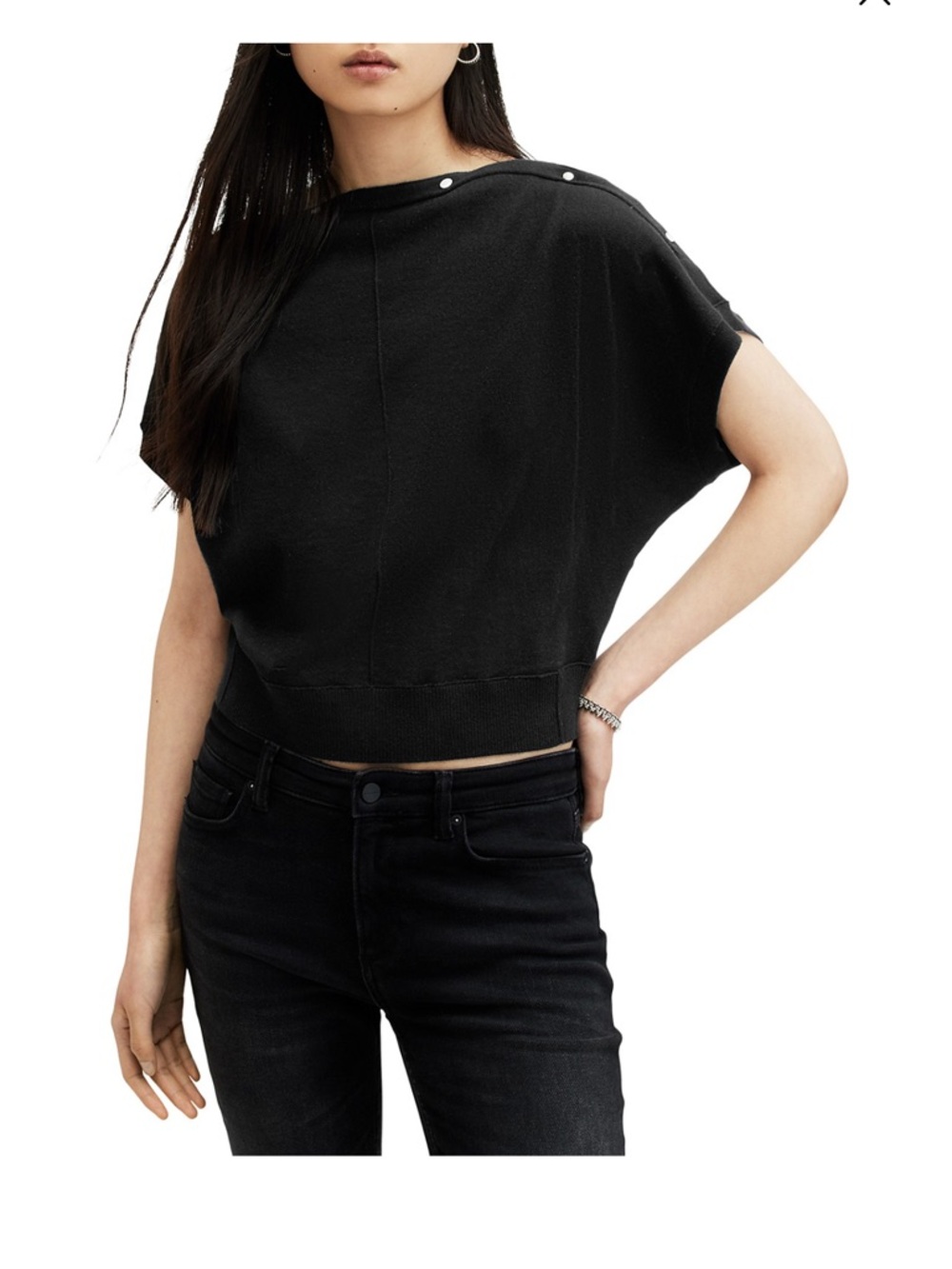All Saints Black Cropped Dolman Sleeve Jersey Top